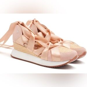 GIOSEPPO Pink Platform Sport Sandals with Raffia Wedge & Ribbon Laces Size 9